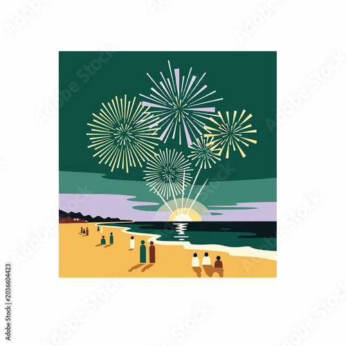 Fireworks exploding over beach at sunset 1.