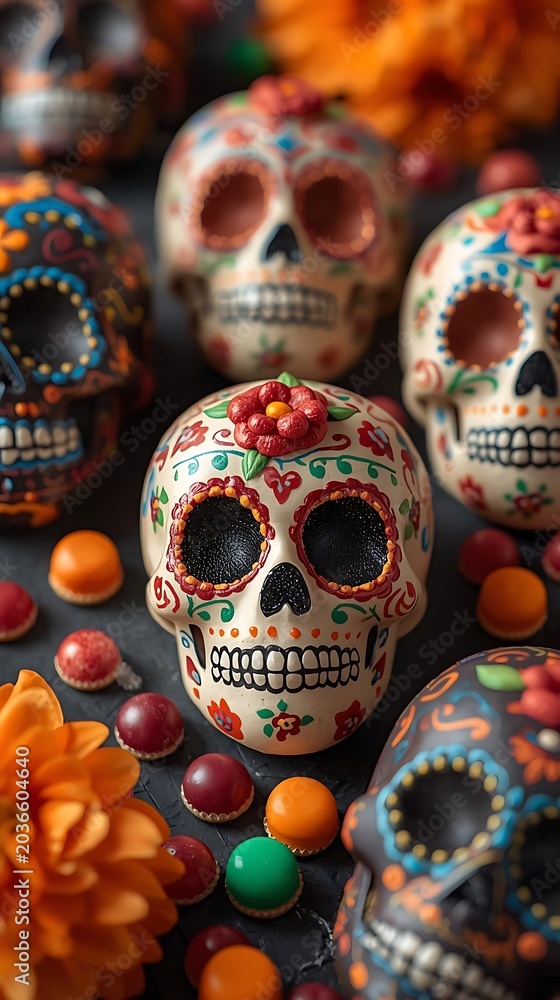 Fototapeta premium Colorful sugar skull desserts and candy arrangement for Day of the Dead celebration