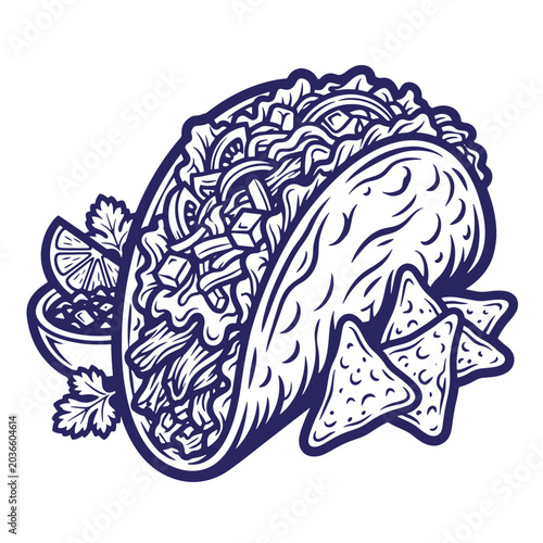 Hand drawn illustration of a mexican taco filled with vegetables served with salsa and tortilla chips tortilla vegetables illustration monochrome isolated appetizer