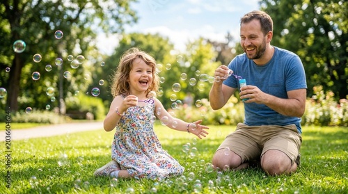 Adorable little girl having fun with soap bubbles on a sunny day, daughter and dad spending time together outdoors