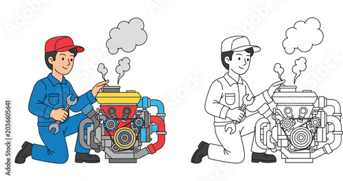 Professional Mechanic Technician Repairing Smoking Industrial Engine Vector Illustration and Line Art Coloring Page for Kids Education and Maintenance Service Concept Design