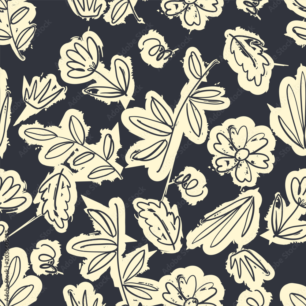Fototapeta premium Seamless Floral Pattern with Hand Drawn Leaves and Flowers in Abstract Botanical Style, Modern Nature Background for Textile, Wallpaper, Wrapping Paper and Surface Design