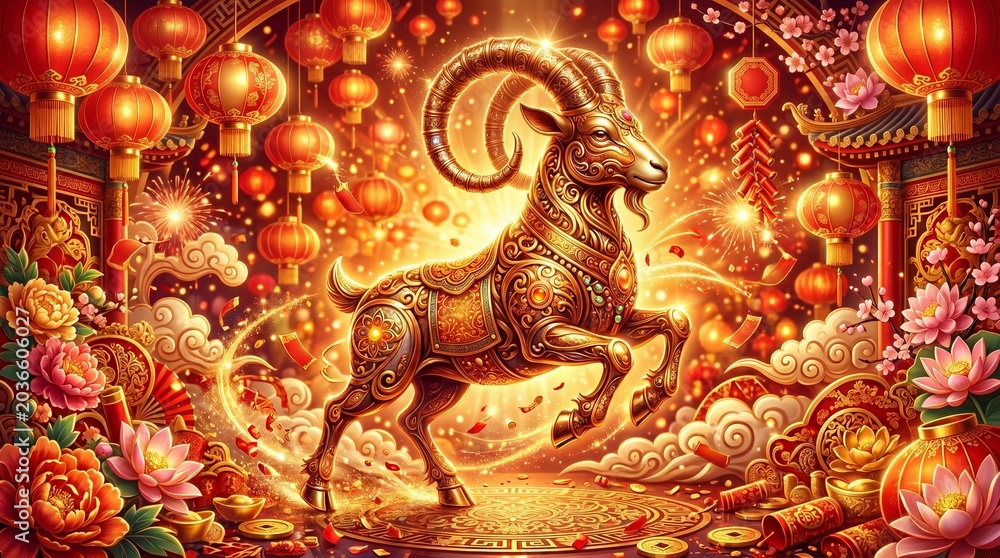 Fototapeta premium Golden goat as symbol of 2027 Chinese New Year. Majestic animal statue surrounded by glowing paper lanterns, lotus flower and firework. Traditional Asian celebration holiday decoration