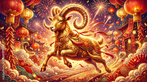 Golden goat symbol of 2027 running through festive city with fireworks and traditional lanterns. Chinese New Year celebration background. Auspicious animal mascot for lunar calendar