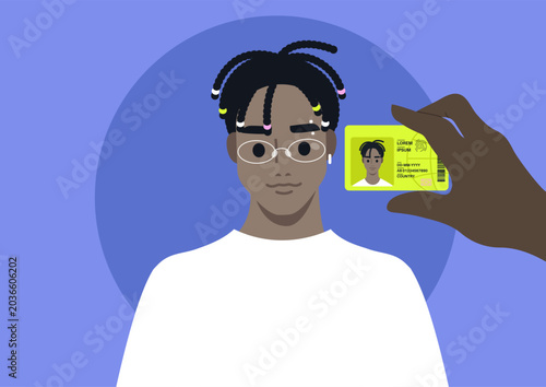 A person wearing glasses stands calmly as an ID card is presented for verification, Their natural real-life expression differs from the photo on the document.