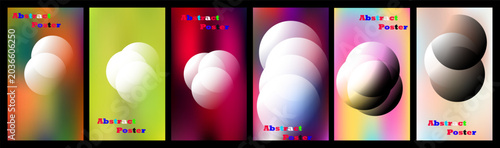 Abstract posters collection, overlapping 3d sphere shapes with soft gradient fluid backgrounds, colorful neon mesh layouts for creative business cover and flyer templates, vector illustration.