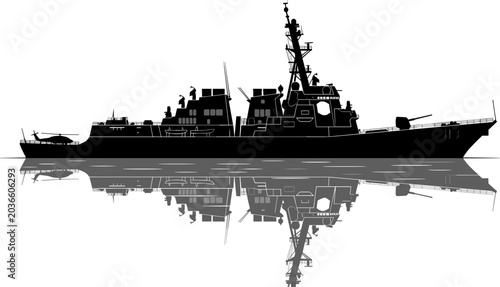 Foto Military naval destroyer warship silhouette with ocean reflection isolated on gr