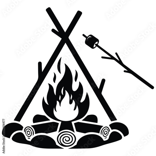 Campfire vector silhouette illustration with marshmallow on stick, line art design.