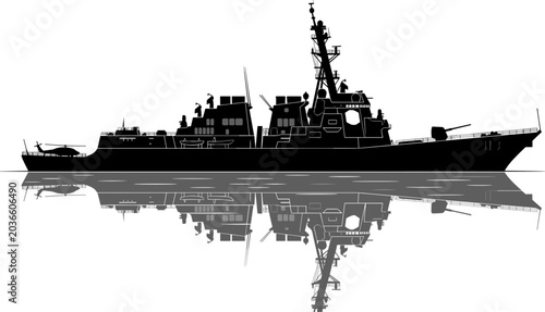 Bilde på lerret Military naval destroyer warship silhouette with ocean reflection isolated on gr
