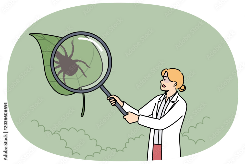 Fototapeta premium Woman scientist studies encephalitic ticks, walking through park with magnifying glass looking for parasites. Researcher explores encephalitic mites to find antidote to blood-sucking insect