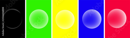 Abstract posters collection, realistic 3d glass spheres and transparent soap bubbles on vibrant solid backgrounds, neon green yellow blue red and black colorful graphic layout set, vector illustration