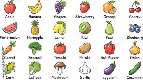 Quadro em tela Hand drawn fruits and vegetables illustration collection featuring healthy food