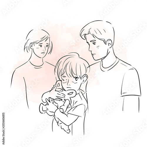 Sad Family Embracing Child in Emotional Support Illustration/ Caring Parents Supporting Depressed Child Illustration