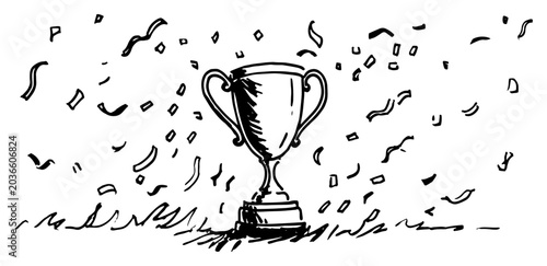 Konstfotografi Winner trophy cup surrounded by falling confetti in hand drawn sketch style