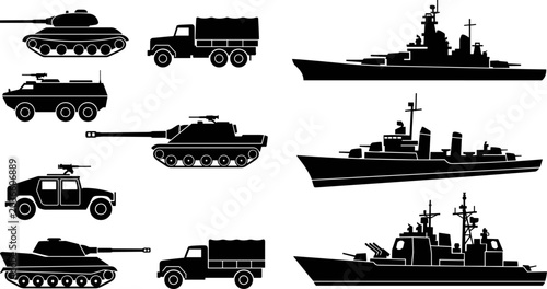 Fotografie Military vehicles and naval ships silhouette illustration collection featuring t