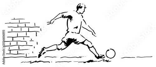 Fotografía Soccer player kicking a ball near a brick wall in a hand drawn sketch style