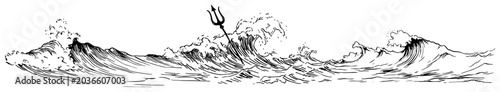 Photos Poseidon trident rising from rough ocean waves in vintage engraving style