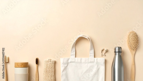 Eco friendly products on beige background.