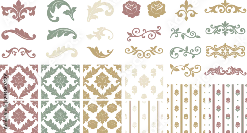 Fototapeta na wymiar Vintage baroque ornament vector collection with pastel damask seamless patterns elegant floral scroll dividers fleur de lis emblems and victorian wallpaper backgrounds.