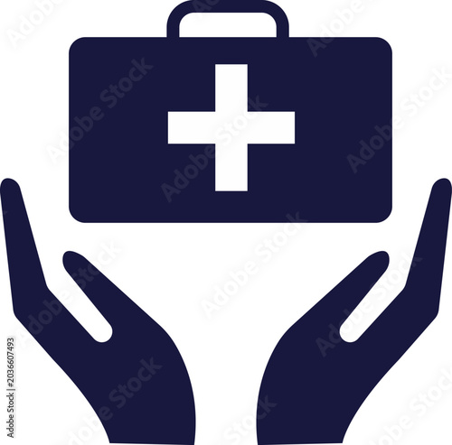 Hands holding a first aid kit with a white cross on isolated white background vector illustration eps