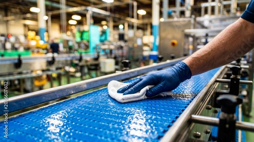 Man worker cleaning food production conveyor belt with cloth. Industrial sanitation and hygiene maintenance in factory. Quality control process for food safety and manufacturing equipment