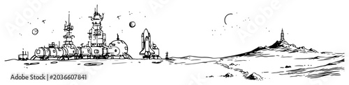 Foto Lunar base colony with space shuttle and scientific research modules in hand dra