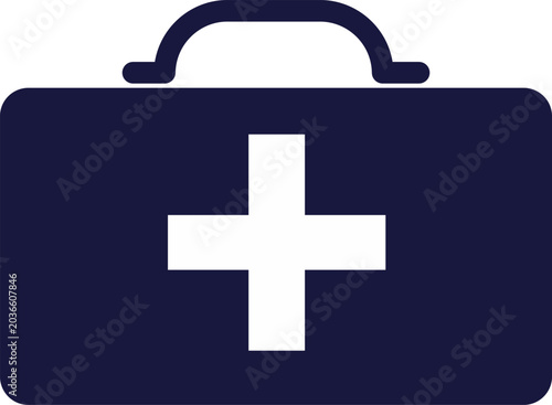 Dark blue first aid kit icon with white cross on front isolated on white background vector illustration eps