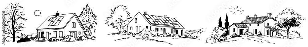 Naklejka premium Sustainable houses with solar panels on roofs in hand drawn sketch style