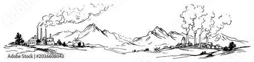 Photos Industrial factories with smoking stacks and mountain scenery in hand drawn sket