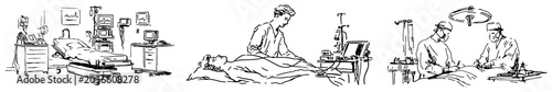 Foto Hospital medical scenes set featuring patient ward examination and surgery in bl
