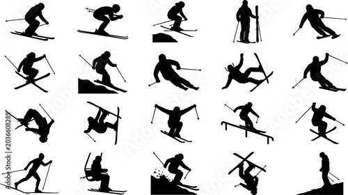Foto Skiing silhouette illustration collection with dynamic poses, jumps, tricks, and