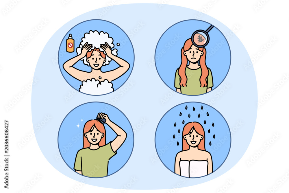 Fototapeta premium Girl with lice in hair uses medicated shampoo while showering to get rid of parasites. Step-by-step plan for getting rid of lice, child quickly cured of pediculosis with help of pharmacological agent