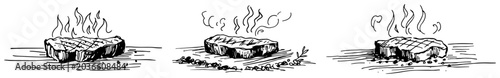 Foto Grilled steak meat pieces with steam rising in black and white line art style