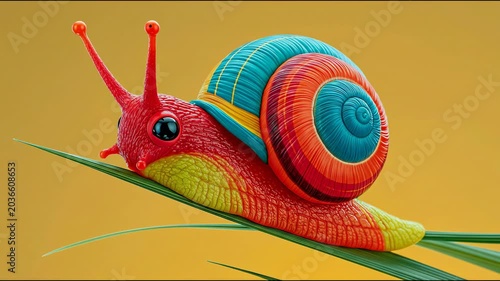 Colorful snail with vibrant shell and bright body slowly moves along green leaf against a soft yellow background, showcasing its unique patterns and textures