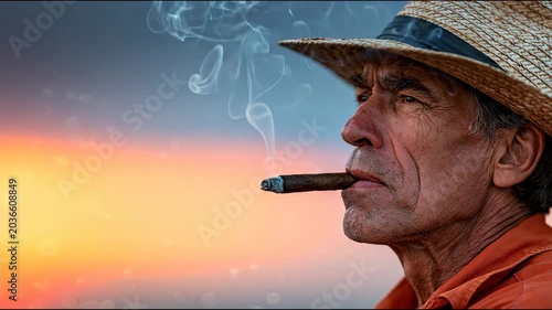 Mature Hispanic man with straw hat smokes cigar while gazing at sunset, with vibrant orange and blue sky creating a serene outdoor atmosphere