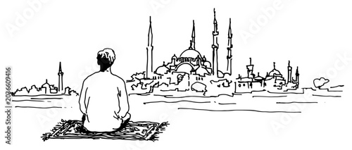 Photography Muslim man praying on a rug facing mosque in hand drawn sketch style