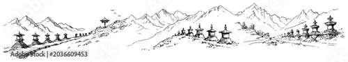 Photos Buddhist stupas along mountain path in Himalayan landscape in hand drawn sketch