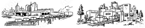 Foto Industrial factory complex with warehouse buildings and conveyors in hand drawn
