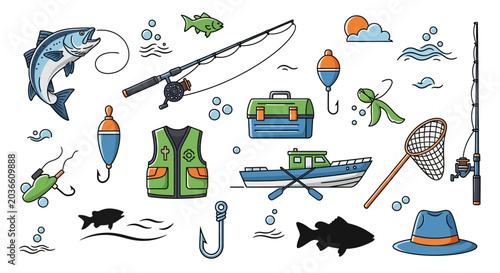 Collection of colorful fishing related items and accessories.