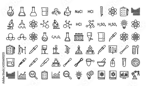 Foto Chemistry lab icon vector set with molecules experiments and scientific glasswar