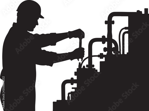 Silhouette of worker in hard hat using wrench on industrial