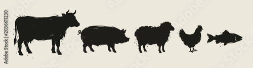 Foto Farm Animals and Fish Silhouettes Cow Pig Sheep Chicken and Salmon Icons for Foo