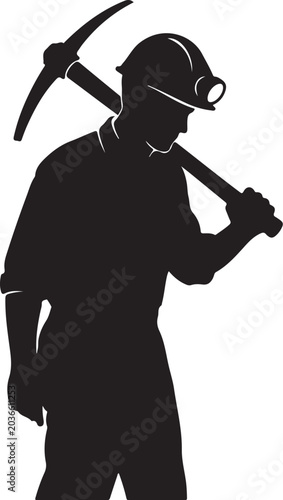 Black silhouette of a coal miner with pickaxe on shoulder
