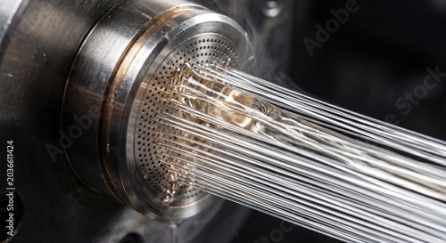 Hot liquid polymer forced through a microscopic metal spinneret