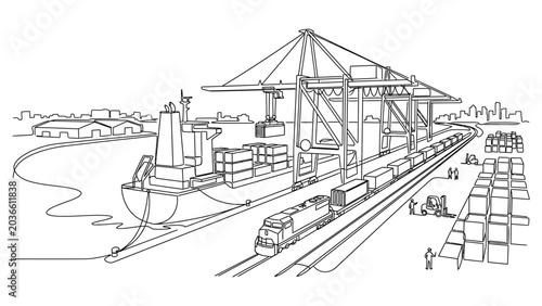 Industrial port with cargo ship and train.