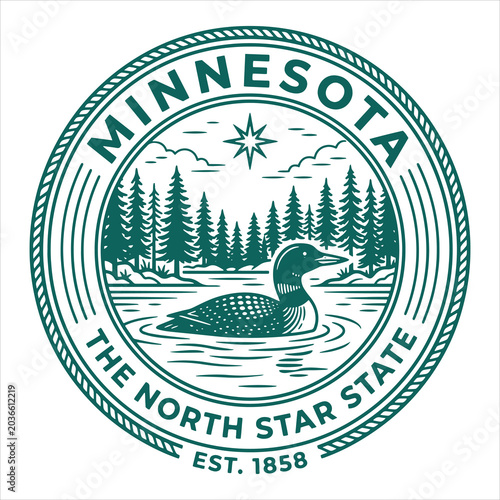 Minnesota North Star State Loon Lake Wildlife Badge Illustration