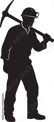 Black silhouette of a miner with pickaxe on shoulder mining