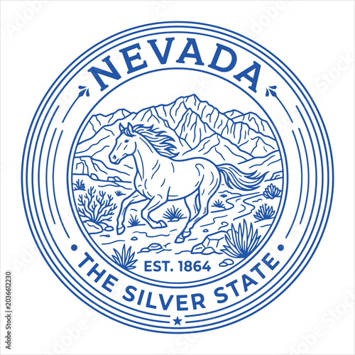 Nevada Silver State Wild Mustang Desert Mountain Badge Illustration
