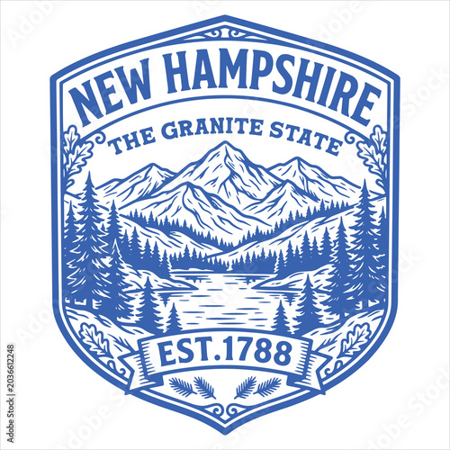 New Hampshire Granite State Mountain Lake Badge Illustration