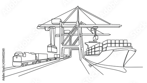Freight train and cargo ship loading.